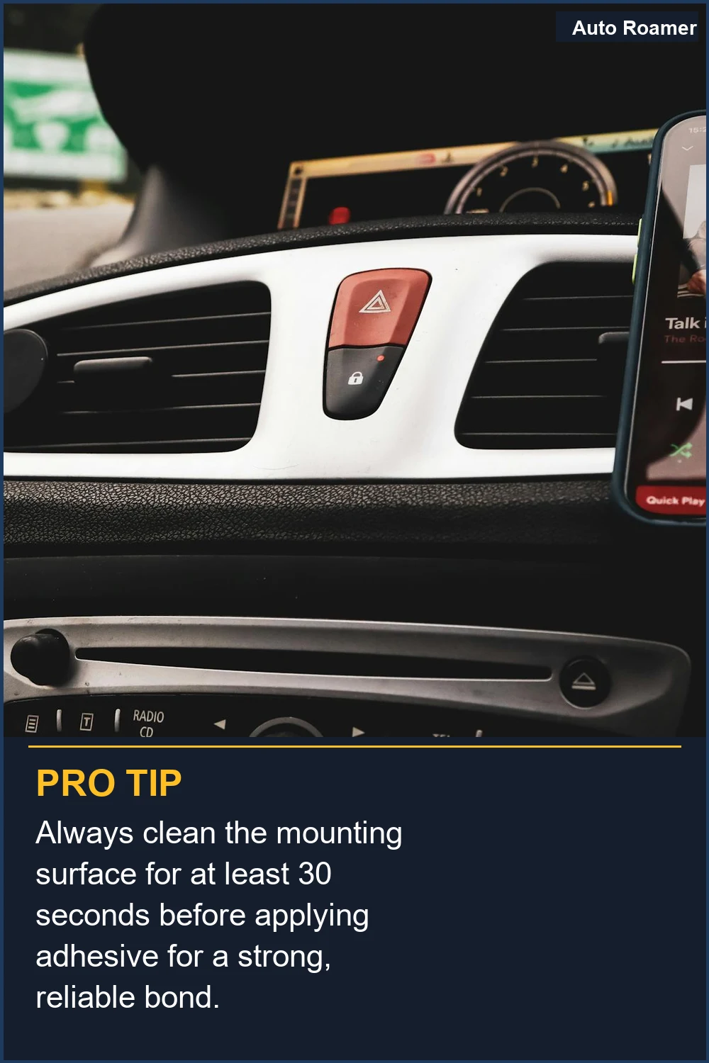 Always clean the mounting surface for at least 30 seconds before applying adhesive for a strong, reliable bond.