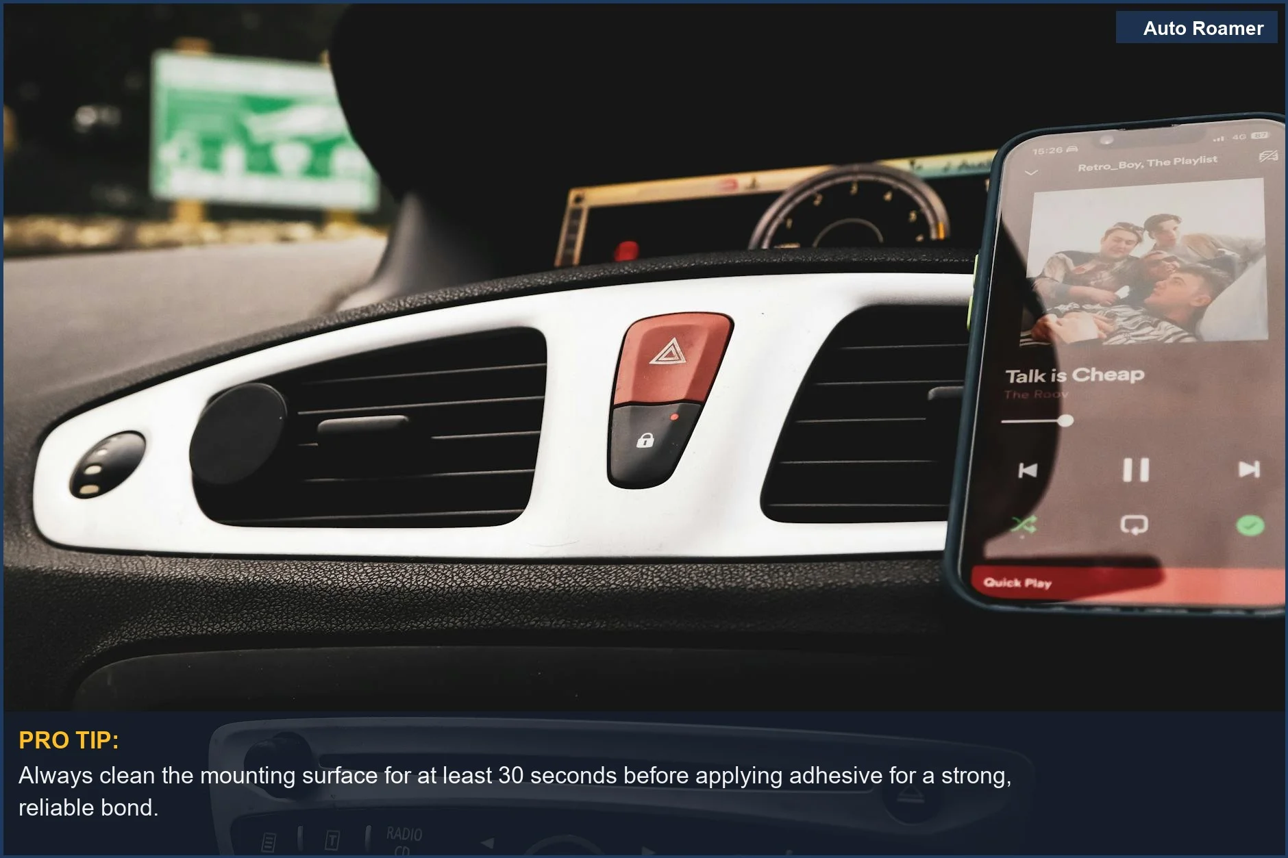 Tesla Model 3 dashboard with a smartphone showing Spotify, emphasizing dashboard controls and mount functionality.