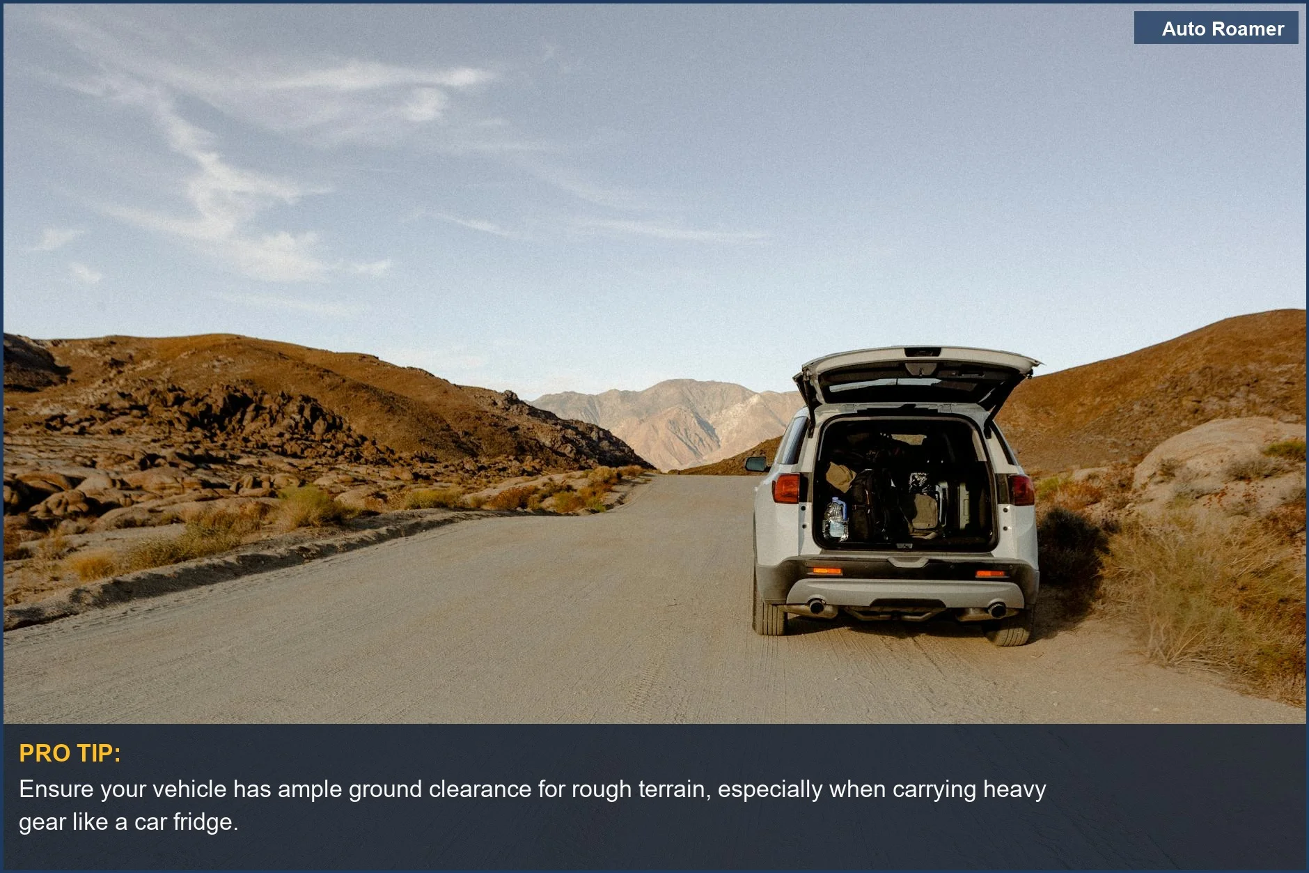 Adventure-ready SUV parked on a desert dirt road, perfect for a road trip with a car refrigerator freezer.