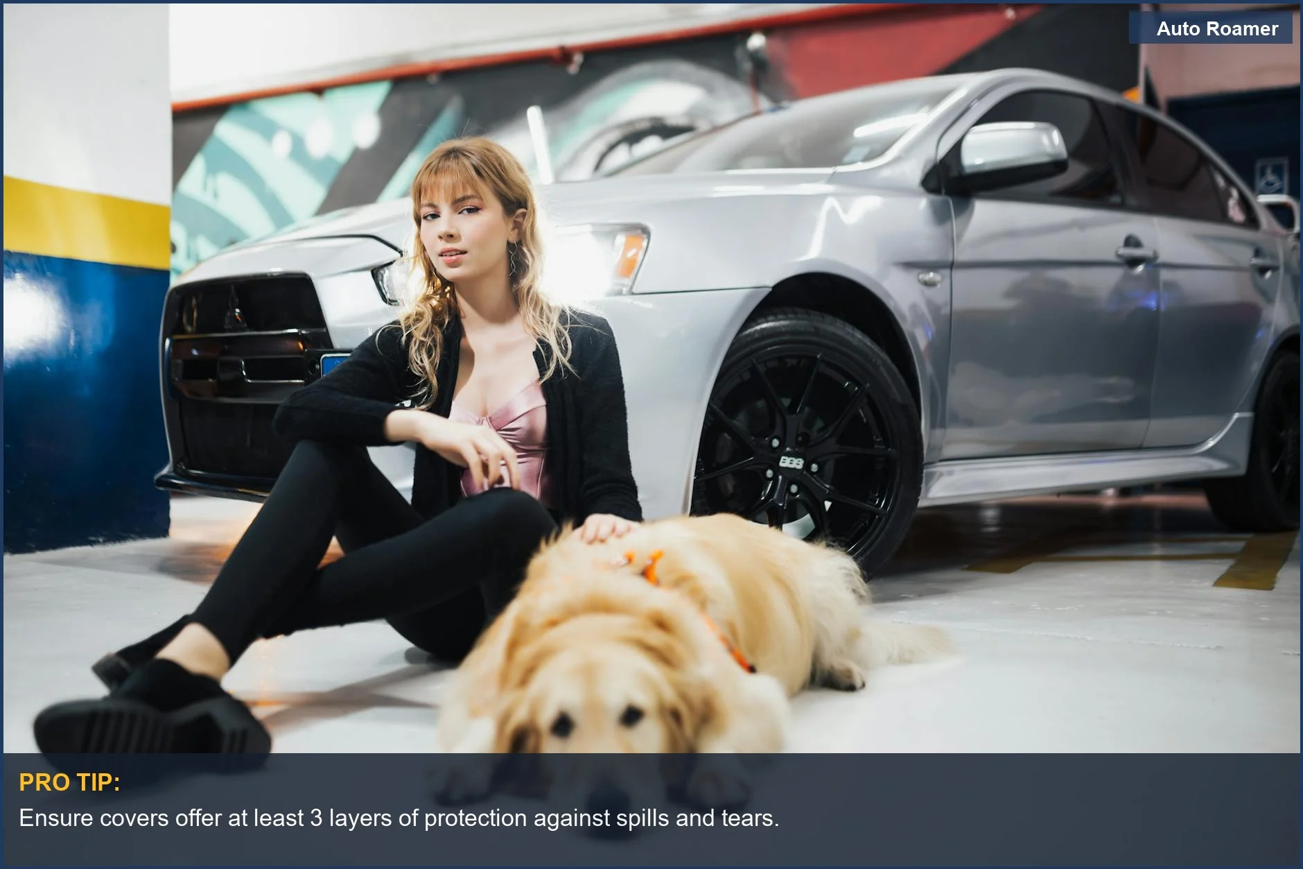 Woman and golden retriever near silver car, showcasing durable car seat covers for pet owners.