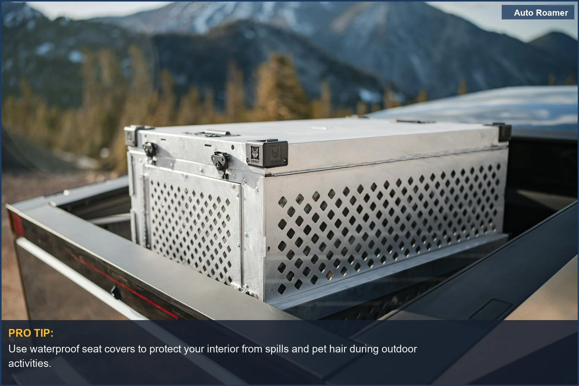 Metal dog crate secured in a Tesla Cybertruck, showcasing versatility in outdoor adventures.