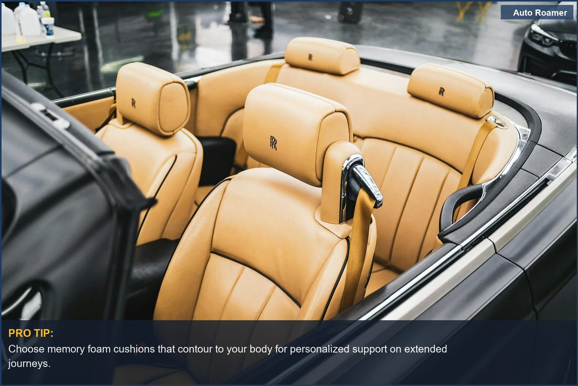 Luxurious tan leather car seat for ultimate comfort on long drives.