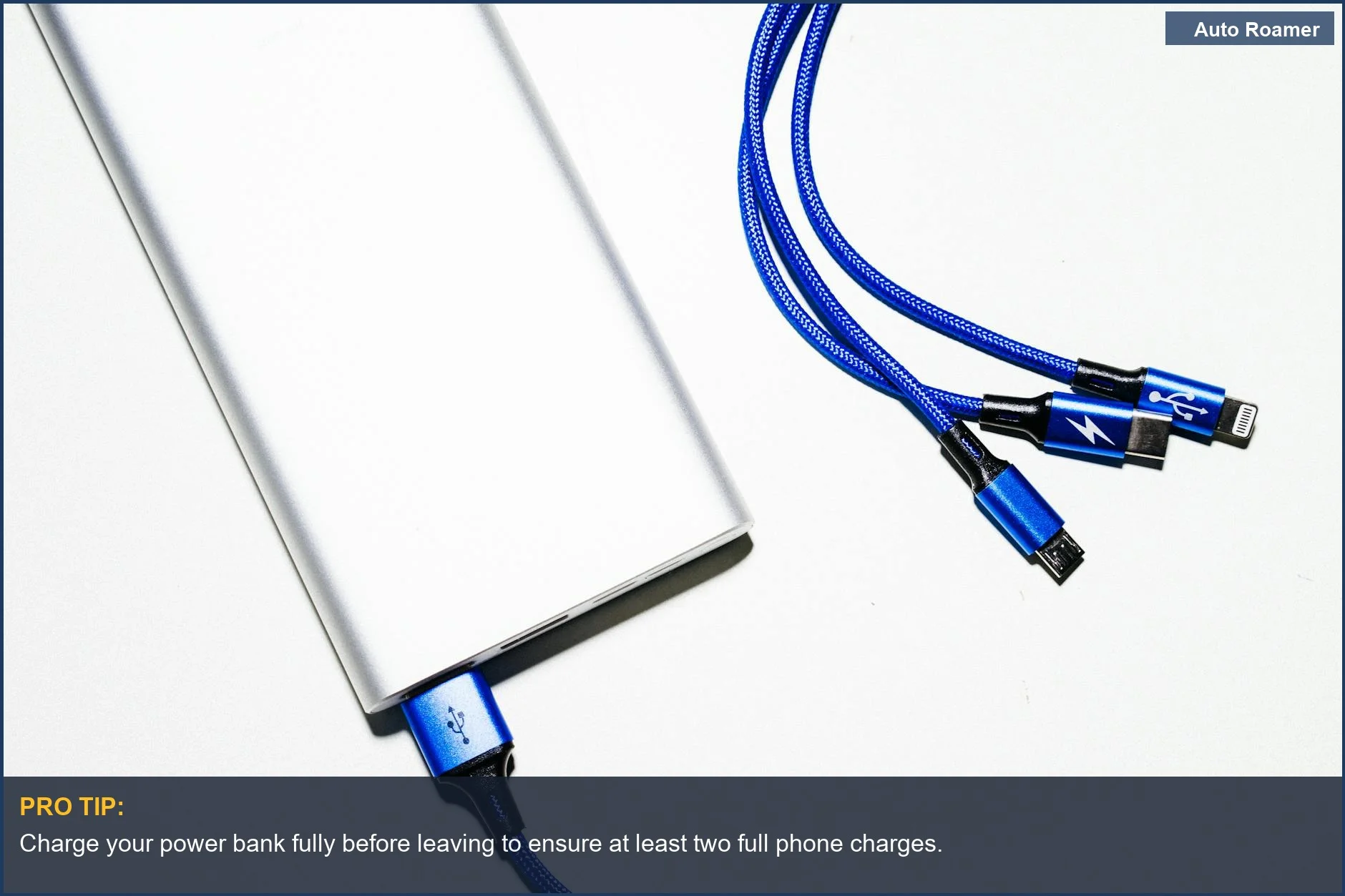 Keep your devices charged with this essential car trip accessory a portable power bank and cables.