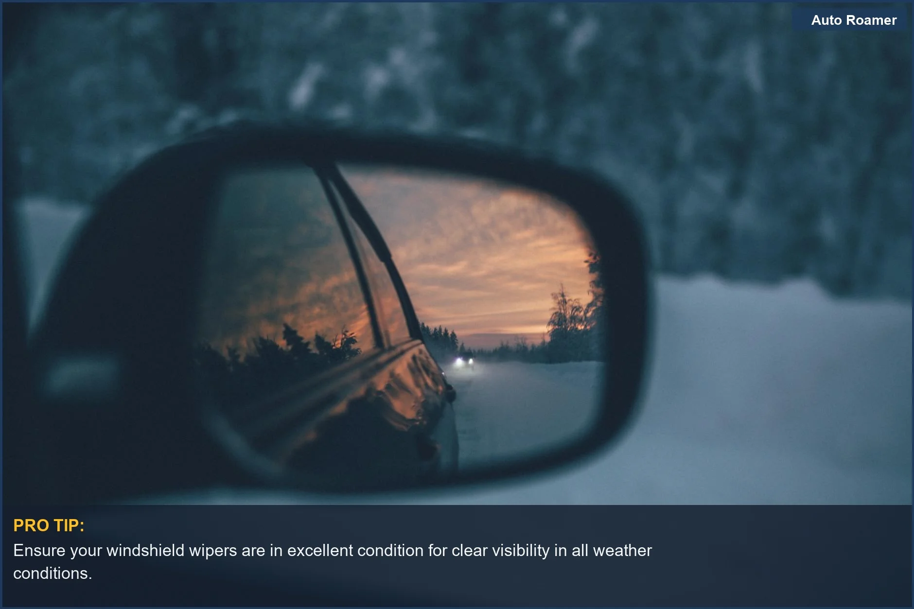 Scenic winter sunset drive reflected in a car's side mirror, best car trip accessory view.