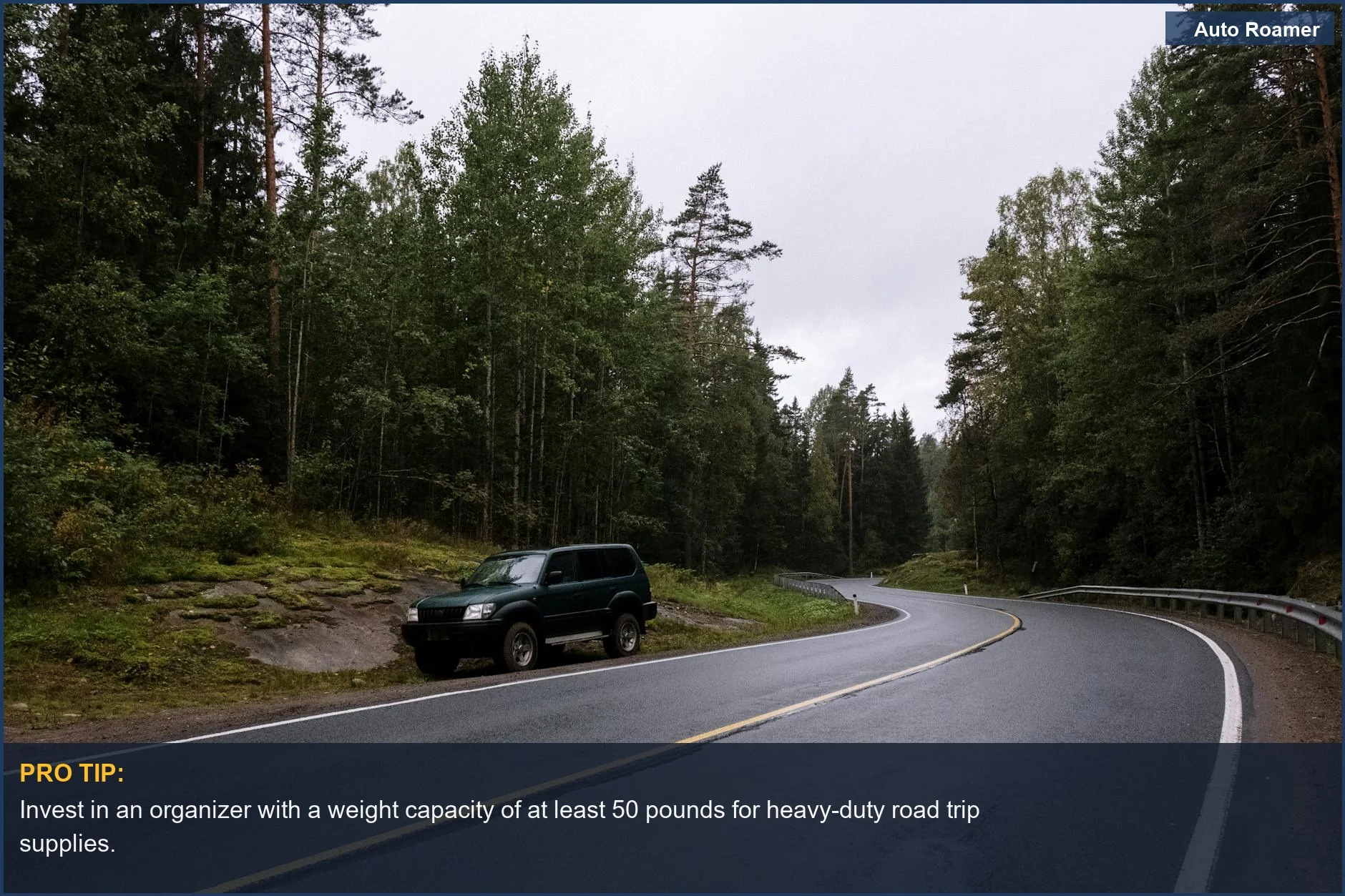 SUV parked on a forest road, showcasing the need for reliable road trip storage.