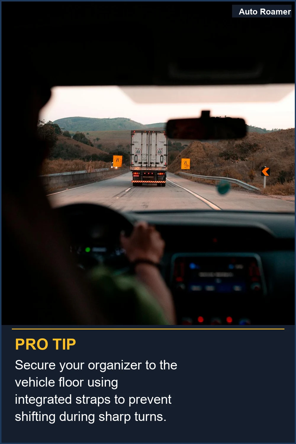 Secure your organizer to the vehicle floor using integrated straps to prevent shifting during sharp turns.