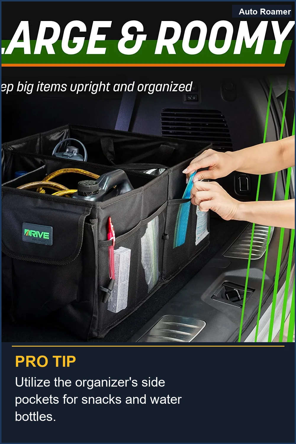Utilize the organizer's side pockets for snacks and water bottles.