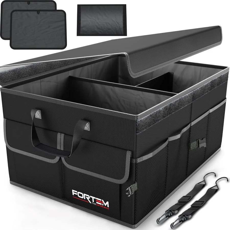 A black FORTEM collapsible car trunk organizer with a folding lid, carry handles and securing straps