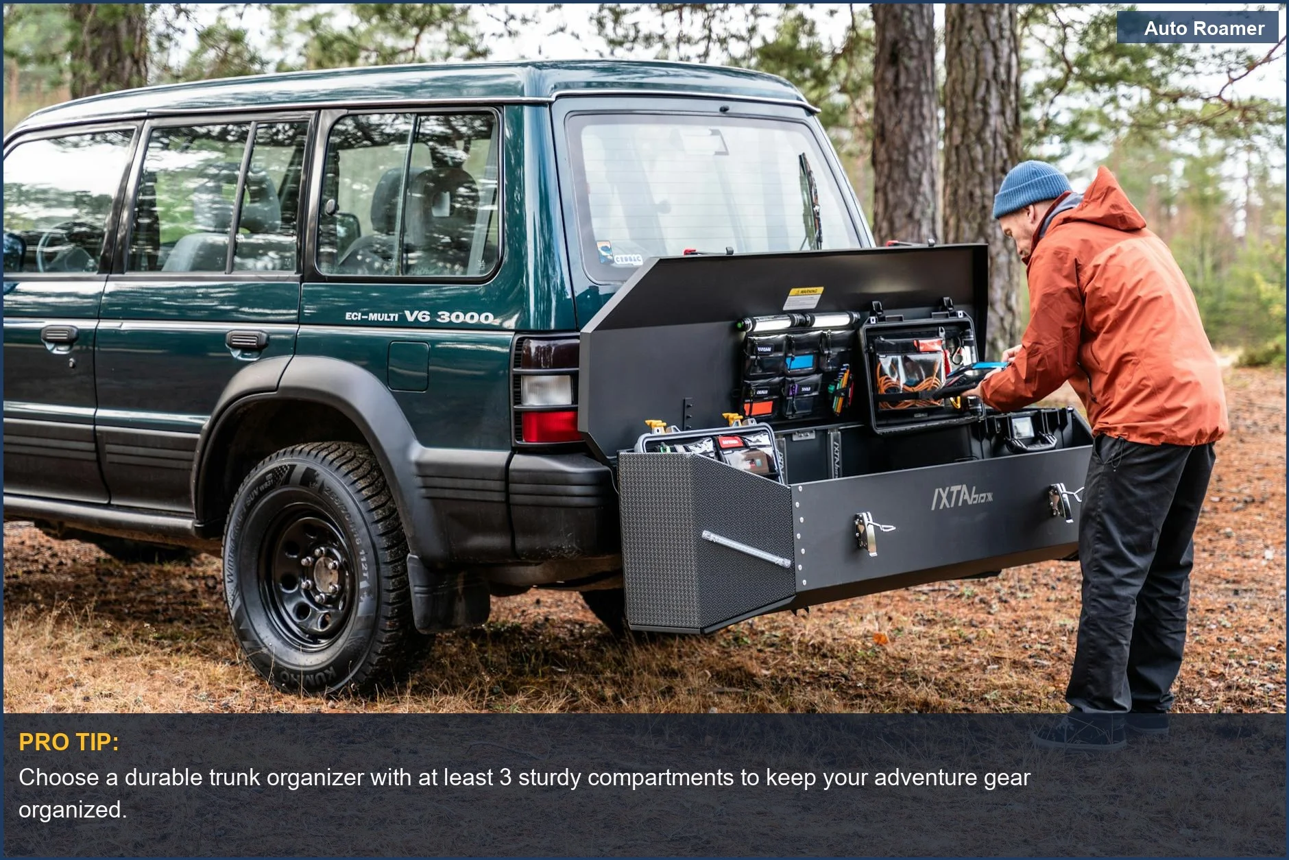 Rugged car trunk organizer in a forest setting, perfect for outdoor adventure gear.