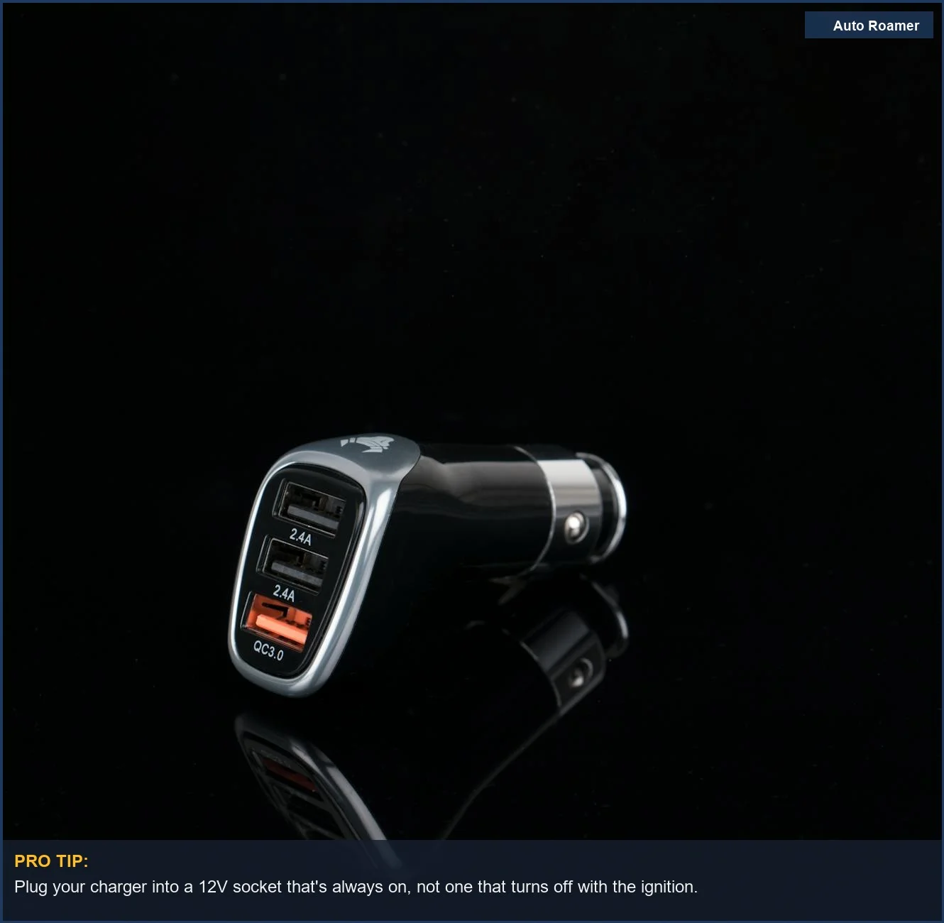 Sleek black car charger with multiple USB ports, essential for road trip device charging convenience.