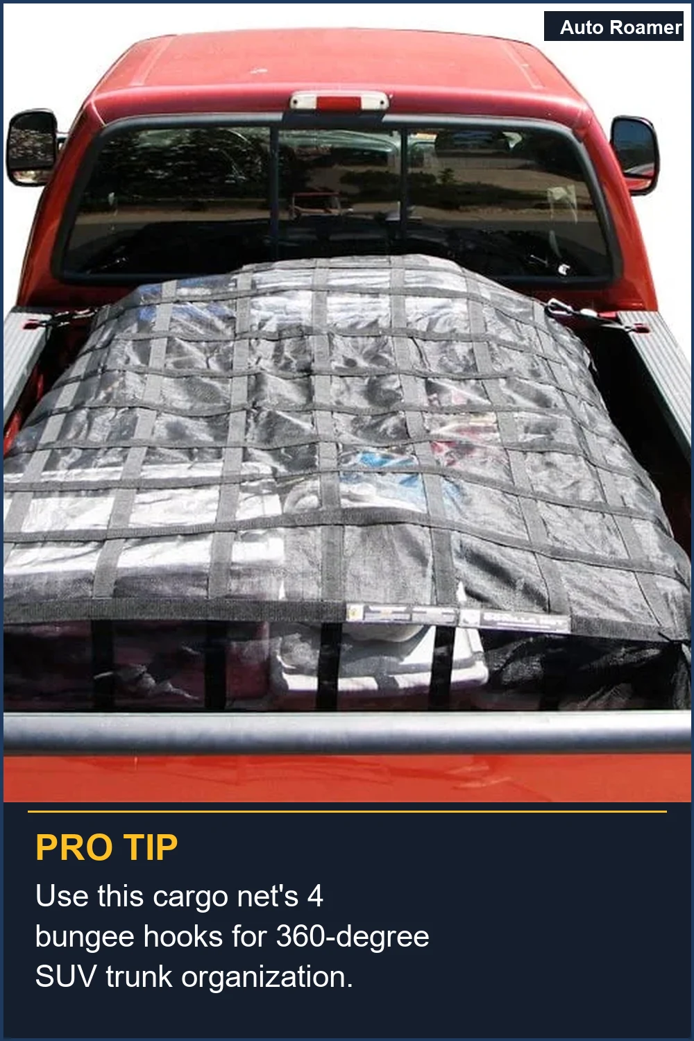 Use this cargo net's 4 bungee hooks for 360-degree SUV trunk organization.