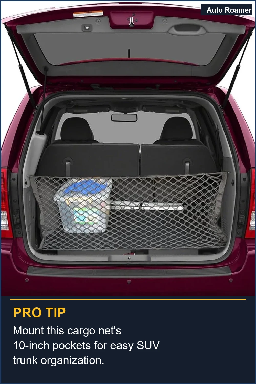 Mount this cargo net's 10-inch pockets for easy SUV trunk organization.