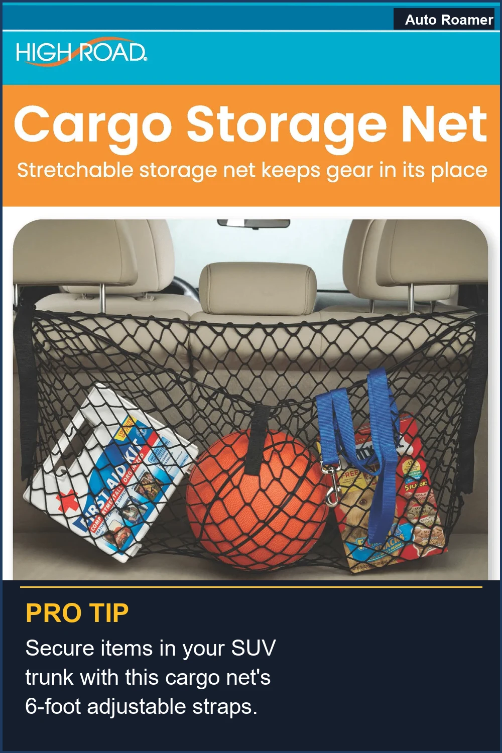 Secure items in your SUV trunk with this cargo net's 6-foot adjustable straps.