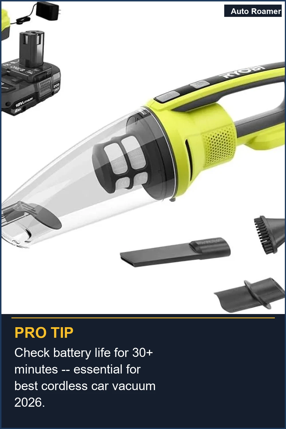 Check battery life for 30+ minutes -- essential for best cordless car vacuum 2026.