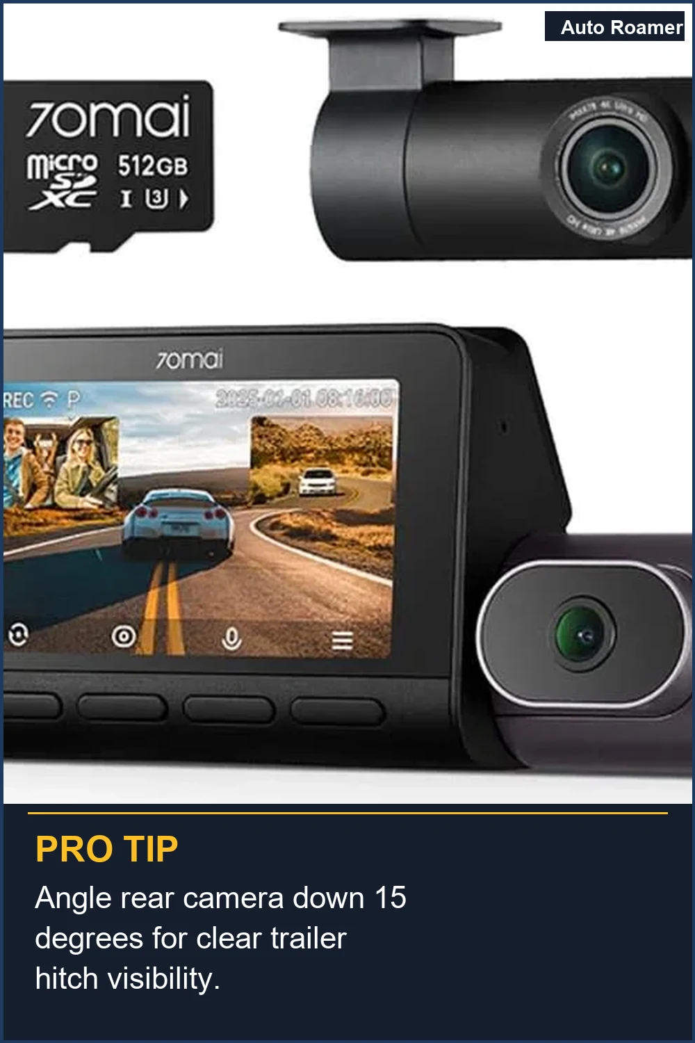 Angle rear camera down 15 degrees for clear trailer hitch visibility.