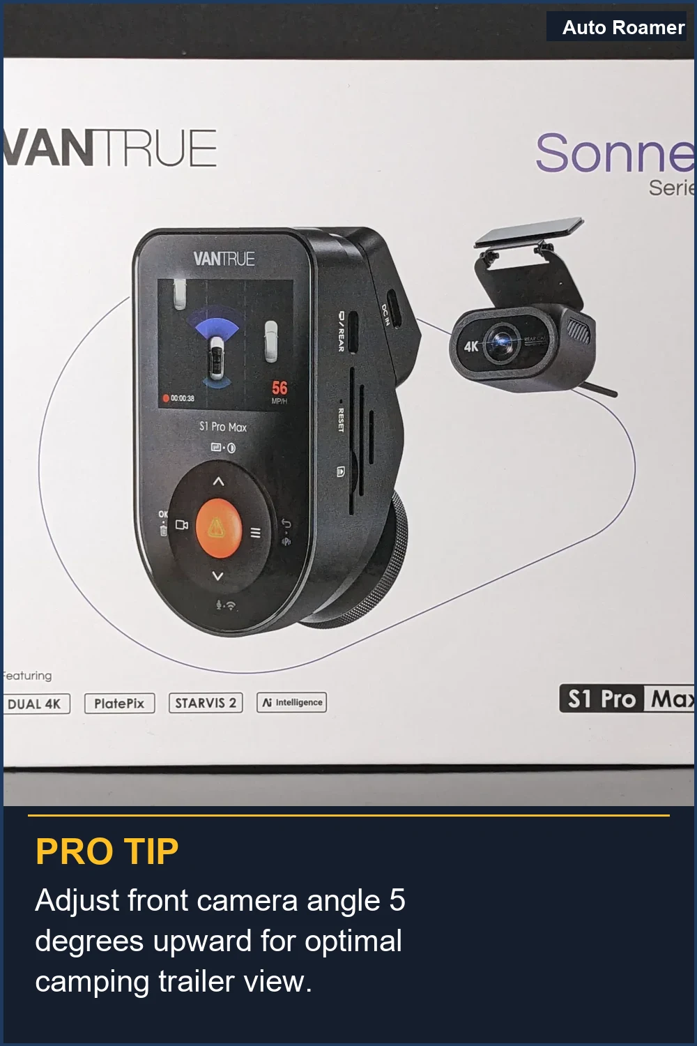 Adjust front camera angle 5 degrees upward for optimal camping trailer view.
