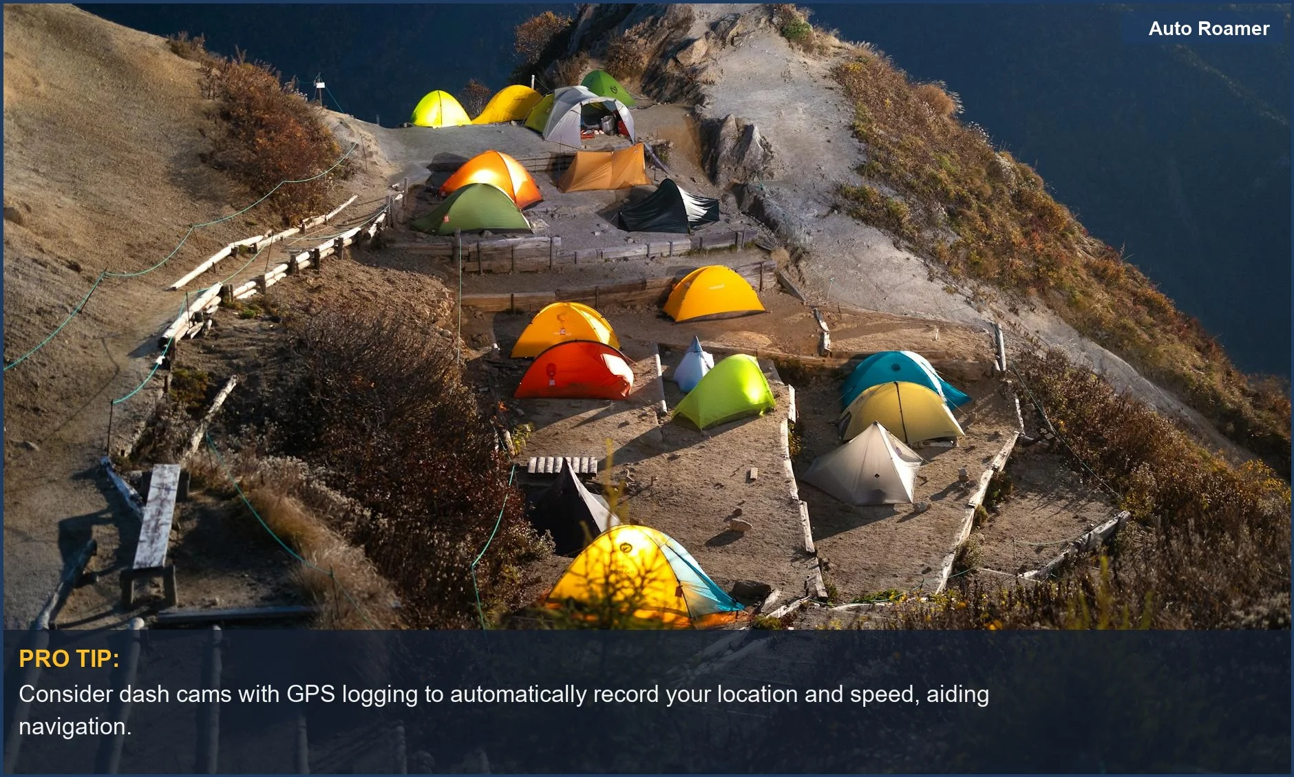Aerial view of vibrant camping tents in the Japanese Alps, showcasing diverse dash cam types.
