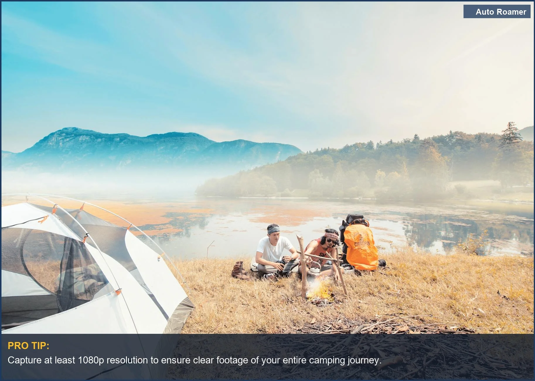 Friends enjoying a scenic mountain lake camping trip, perfect for capturing travel adventures.