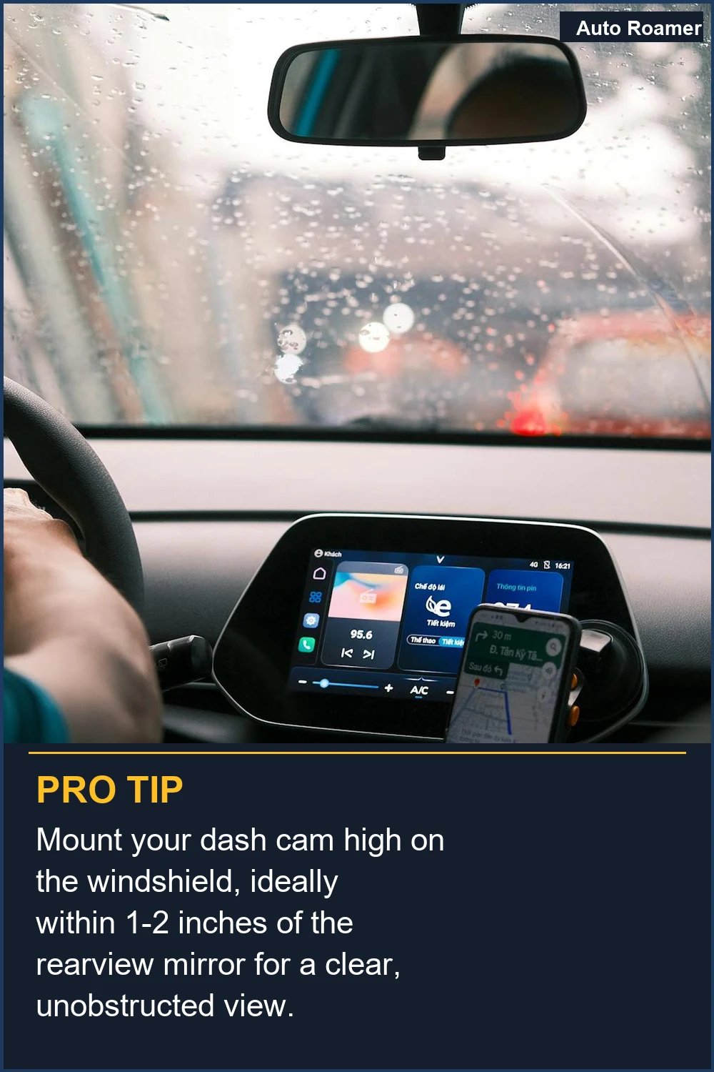 Mount your dash cam high on the windshield, ideally within 1-2 inches of the rearview mirror for a clear, unobstructed view.