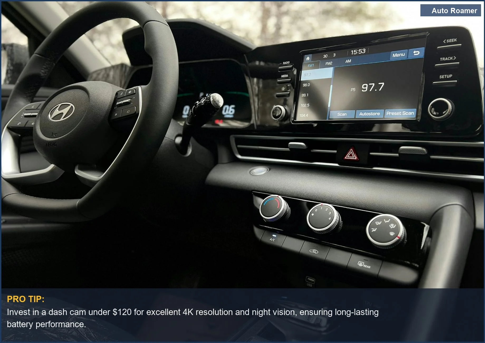 Interior car dashboard with touchscreen and steering wheel, showing affordable dash cam options with great battery.