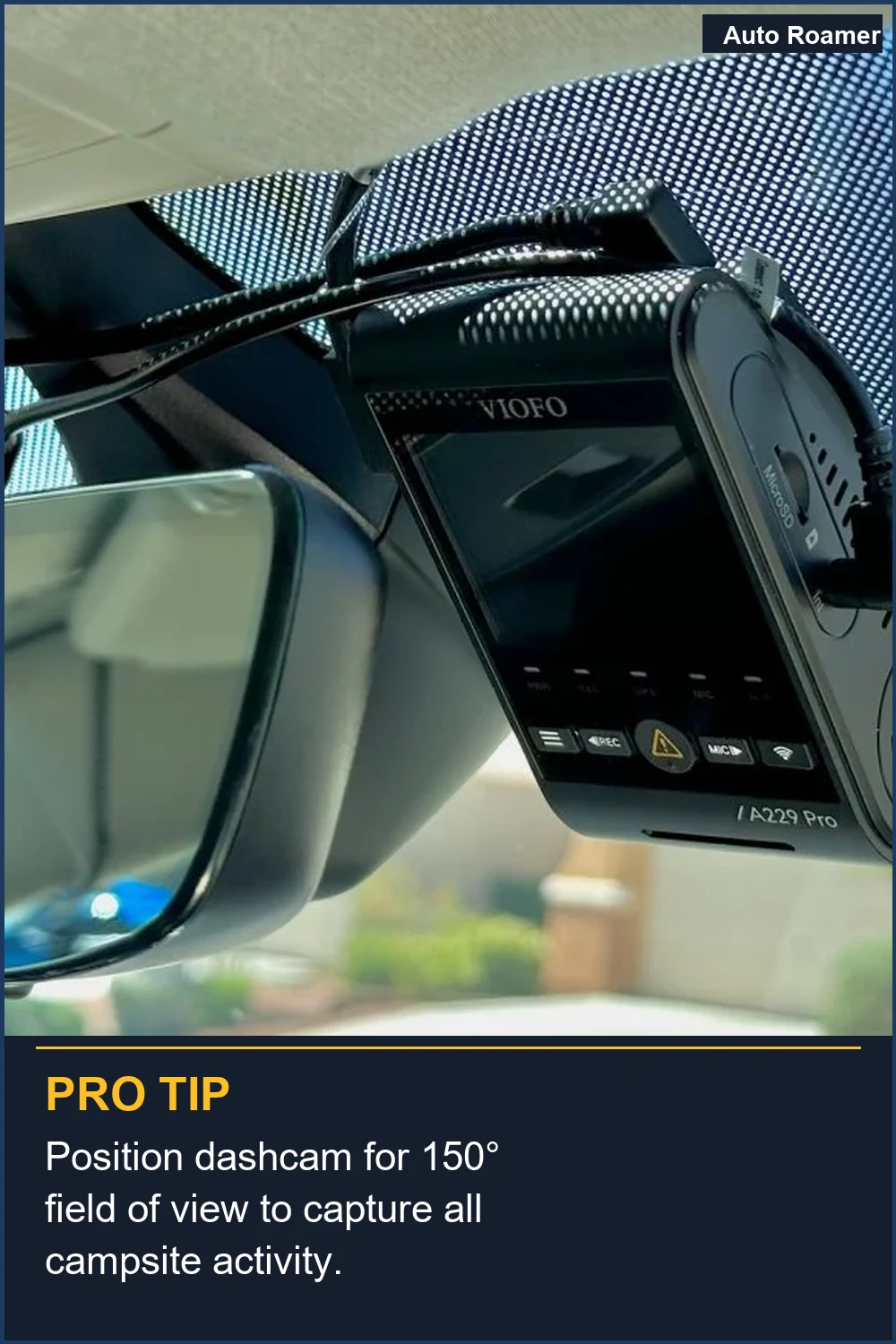Position dashcam for 150° field of view to capture all campsite activity.