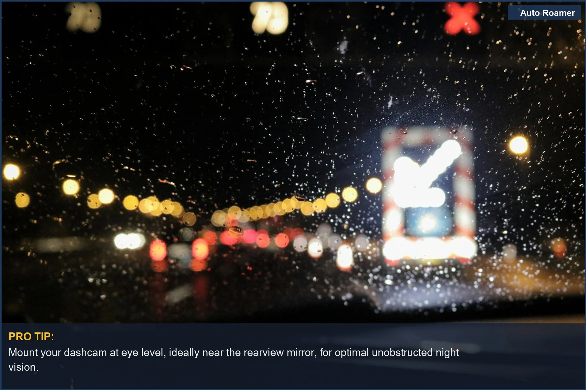 Blurry night traffic through a rain-soaked windshield, demonstrating dashcam effectiveness in challenging weather.