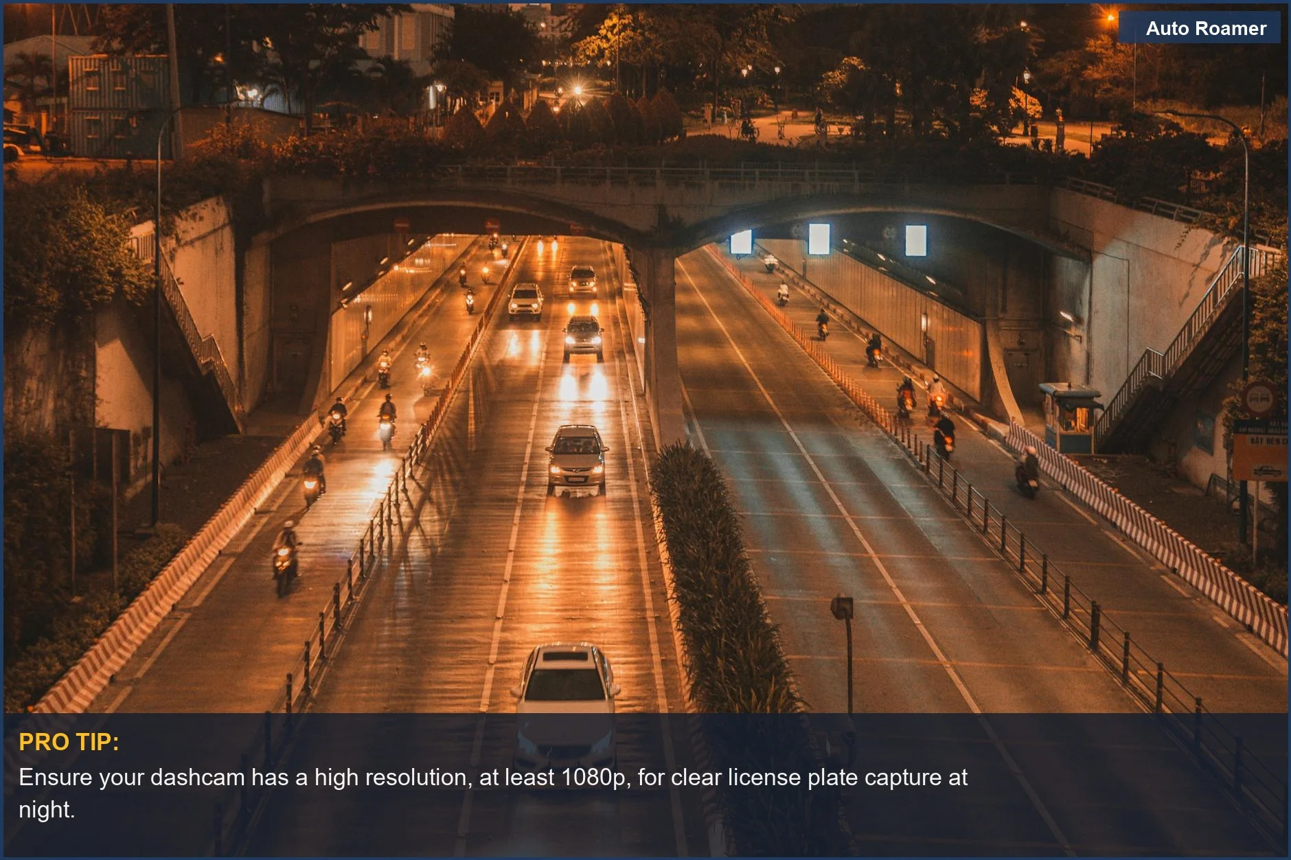 Urban highway at night with cars and motorbikes, ideal for showcasing dashcam night driving clarity.