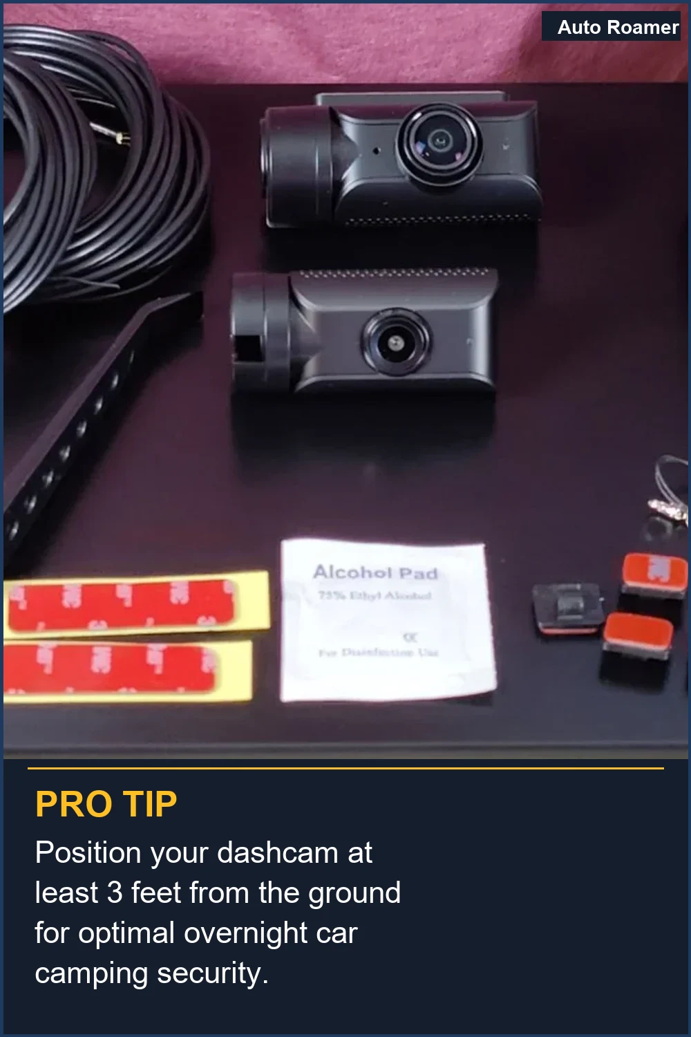 Position your dashcam at least 3 feet from the ground for optimal overnight car camping security.