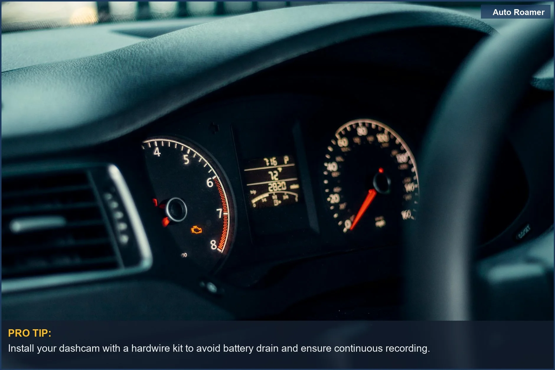 Illuminated car dashboard gauges and speedometer at night, crucial for safe driving.