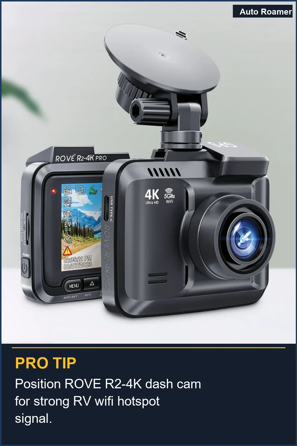 Position ROVE R2-4K dash cam for strong RV wifi hotspot signal.