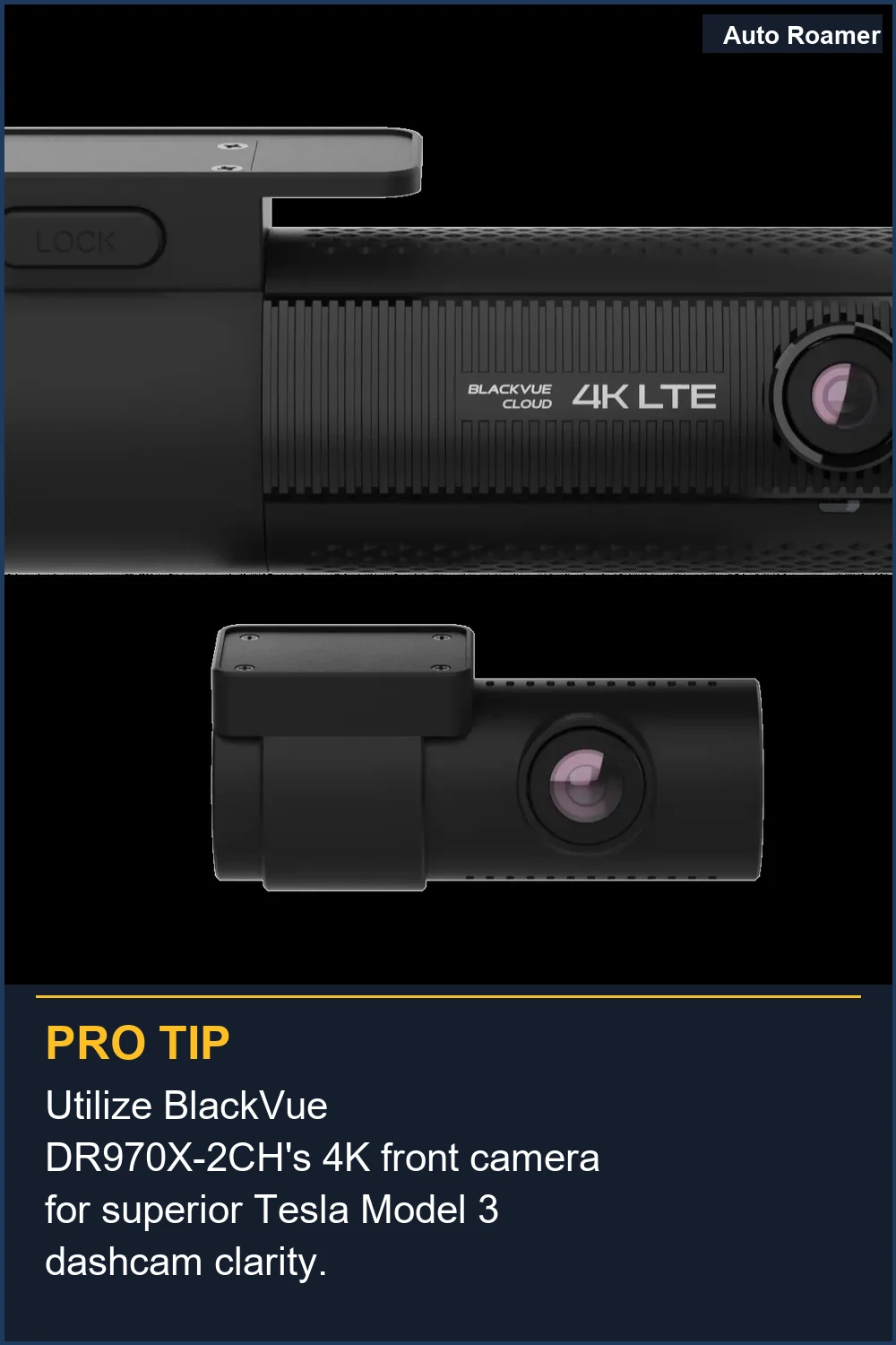 Utilize BlackVue DR970X-2CH's 4K front camera for superior Tesla Model 3 dashcam clarity.