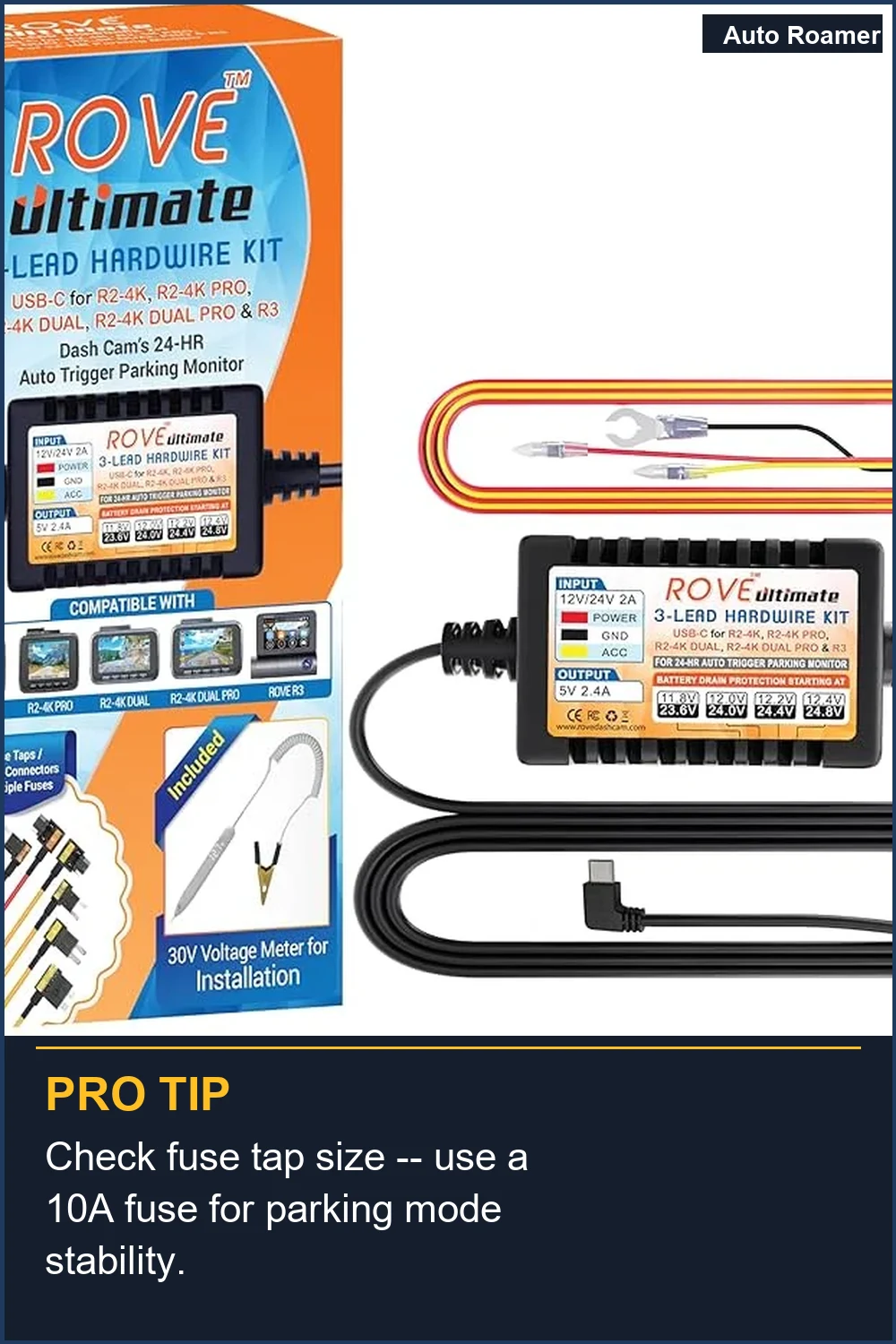 Check fuse tap size -- use a 10A fuse for parking mode stability.