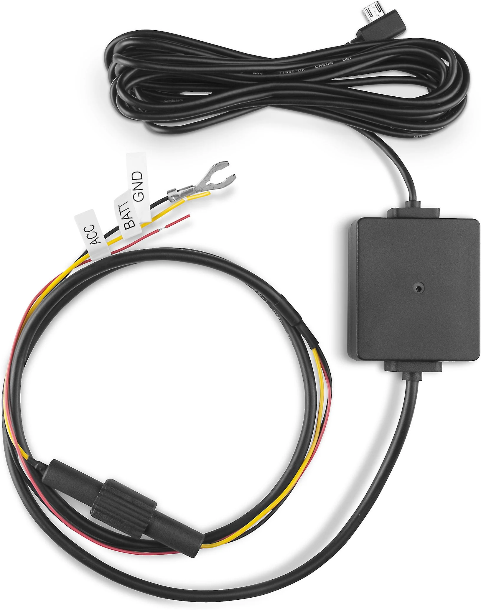 Dash cam parking-mode hardwire cable with ACC, BATT and GND leads