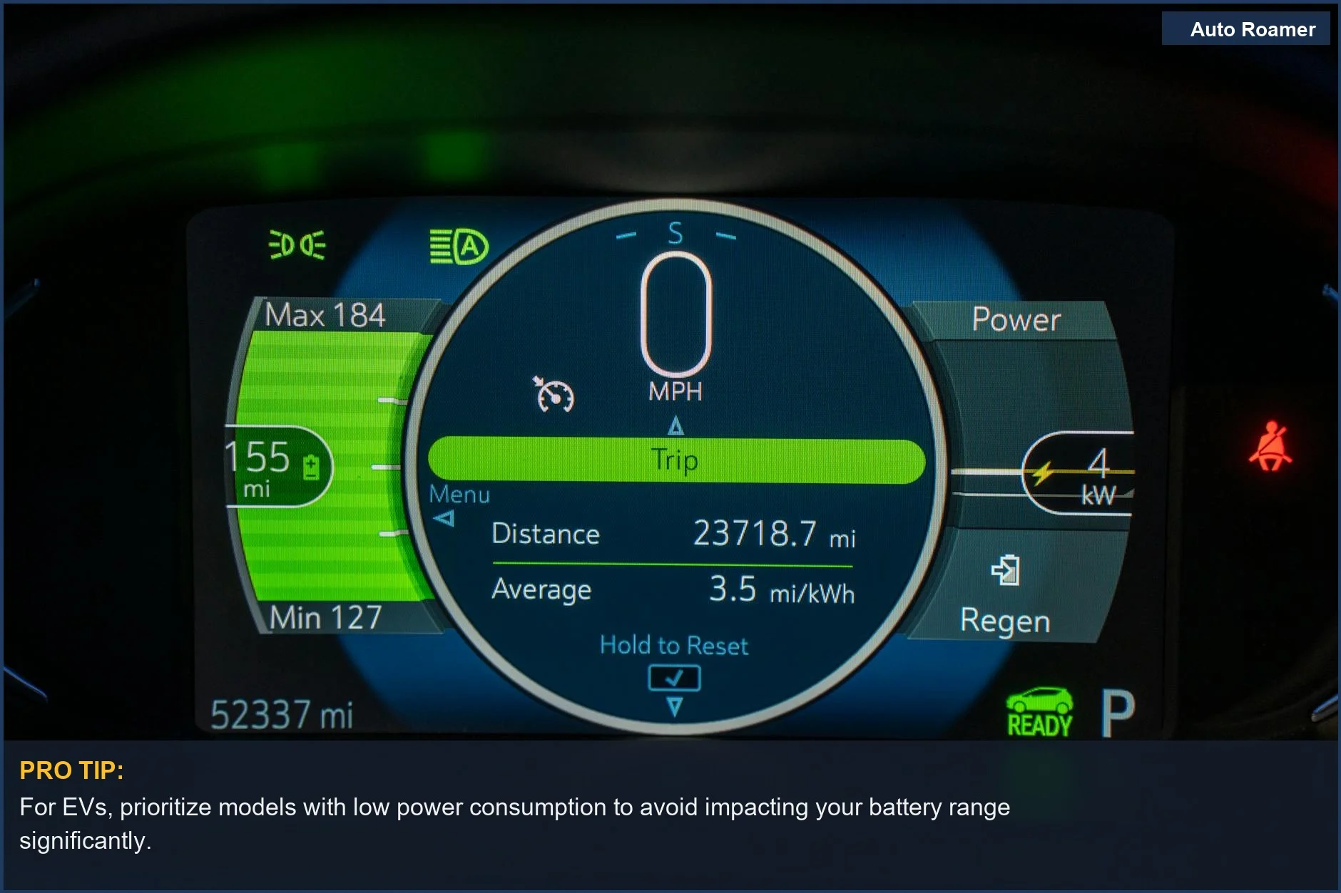 Electric vehicle dashboard showing speed and battery, demonstrating modern car tech that pairs well with a radar detector dashcam.
