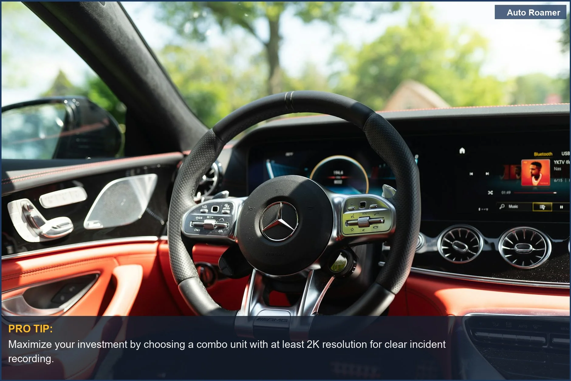 Close-up of a premium car dashboard and steering wheel, perfect for discussing high-end dashcam radar detector combo units.