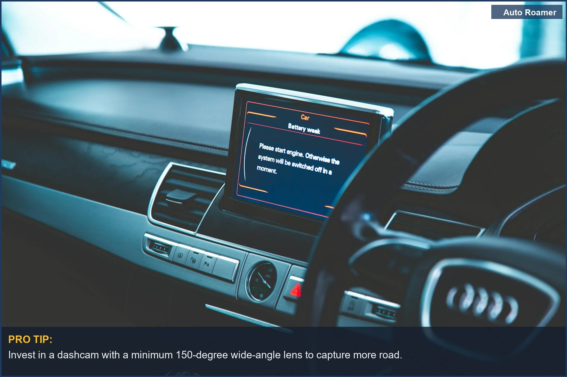 Close-up of a luxury car dashboard with illuminated electronic displays, perfect for dashcam.