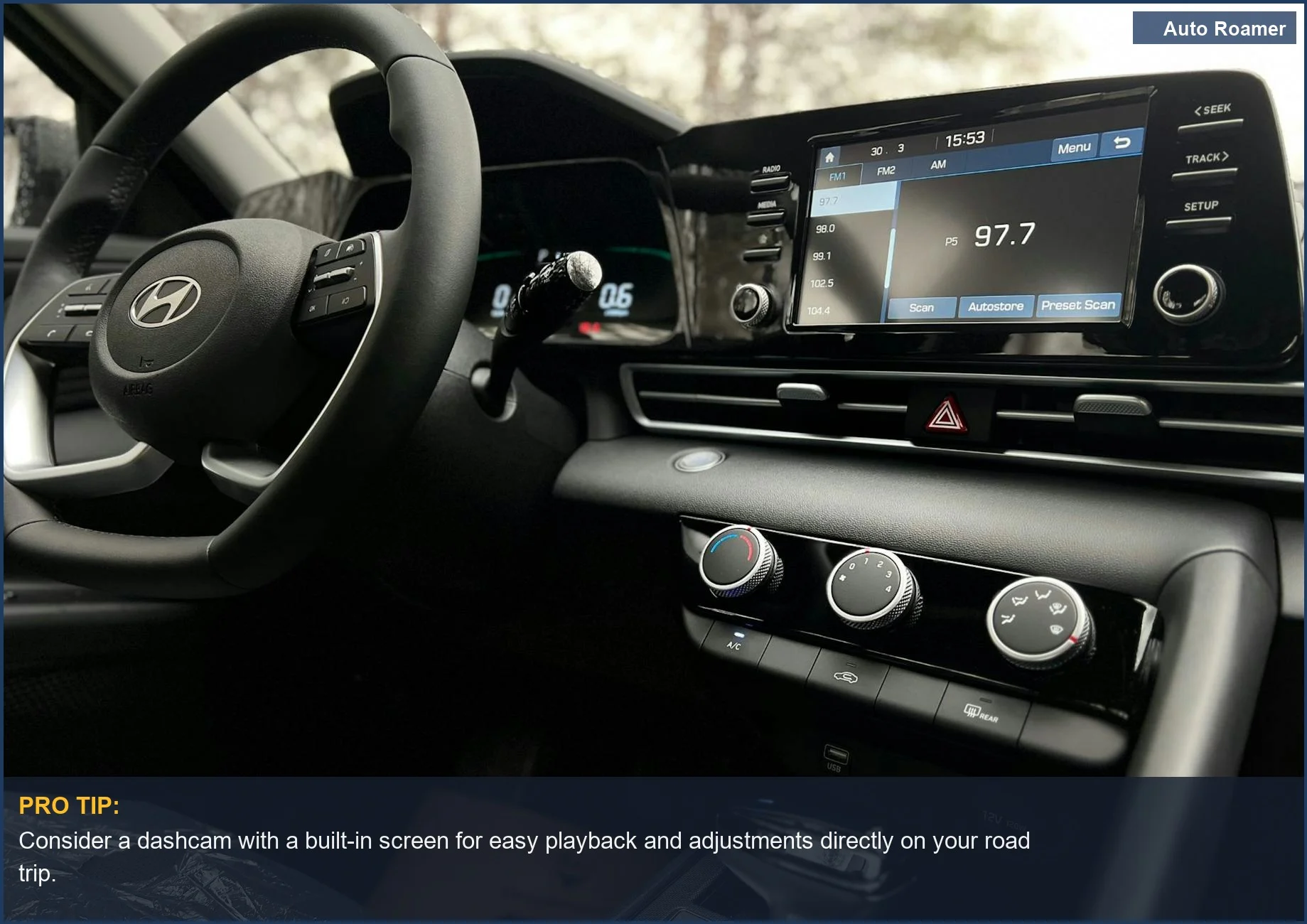 Modern car interior with touchscreen infotainment and steering wheel, ideal for road trip entertainment and dashcam integration.
