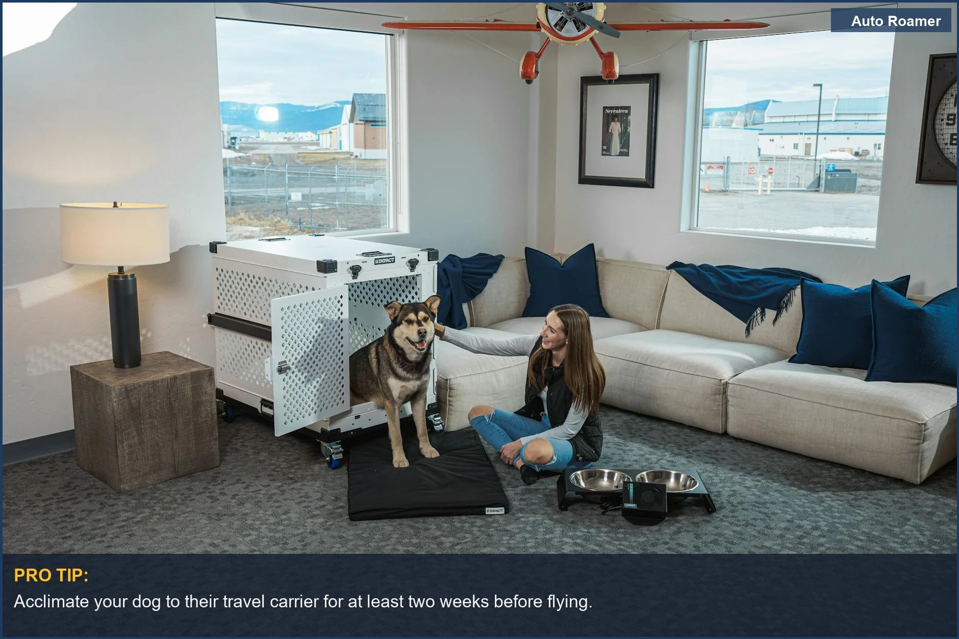 Woman relaxing with her dog in a modern living room, showcasing a stylish pet crate.