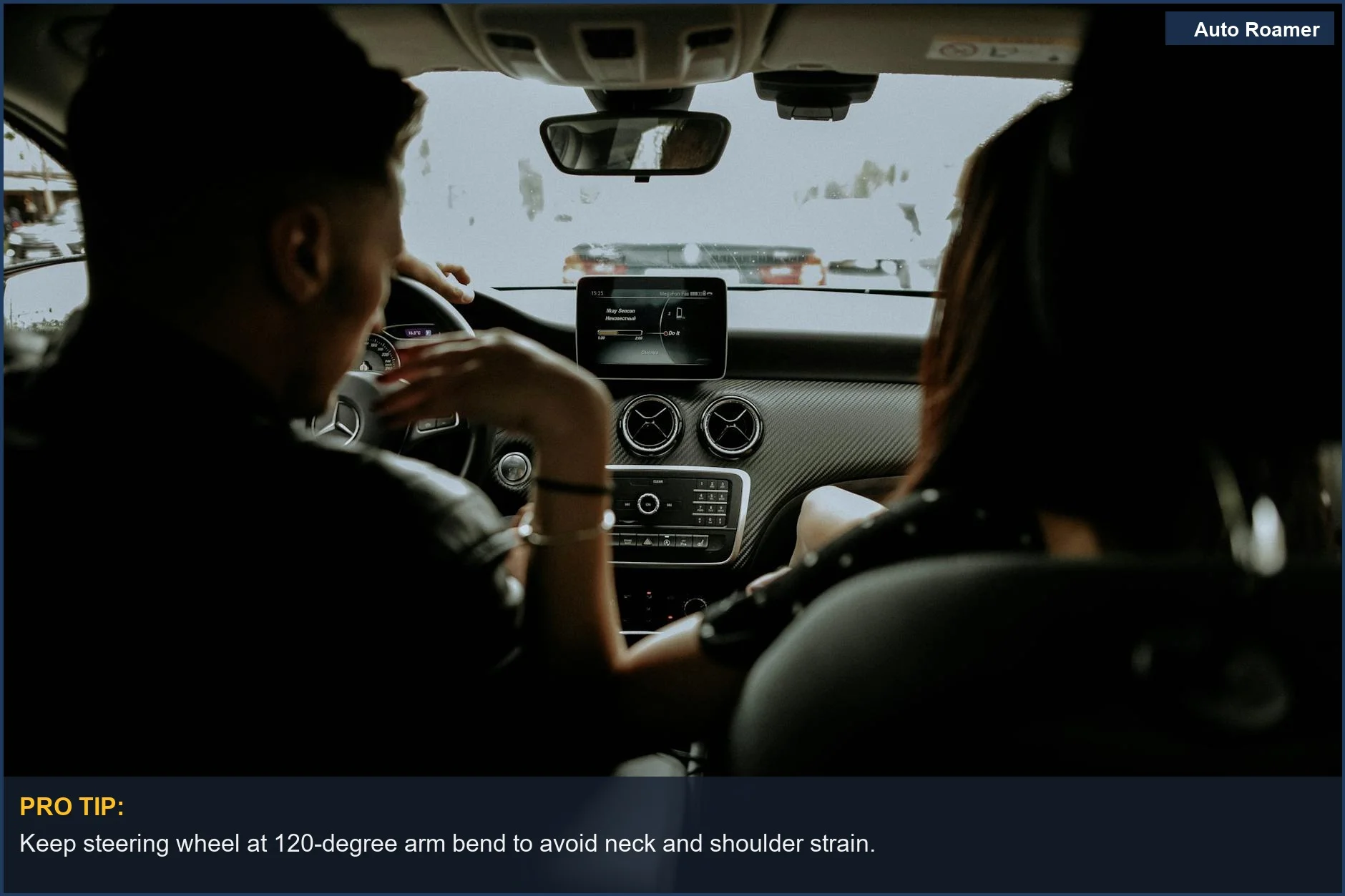 Couple enjoying a drive in a modern car, demonstrating comfortable driving position for neck pain.