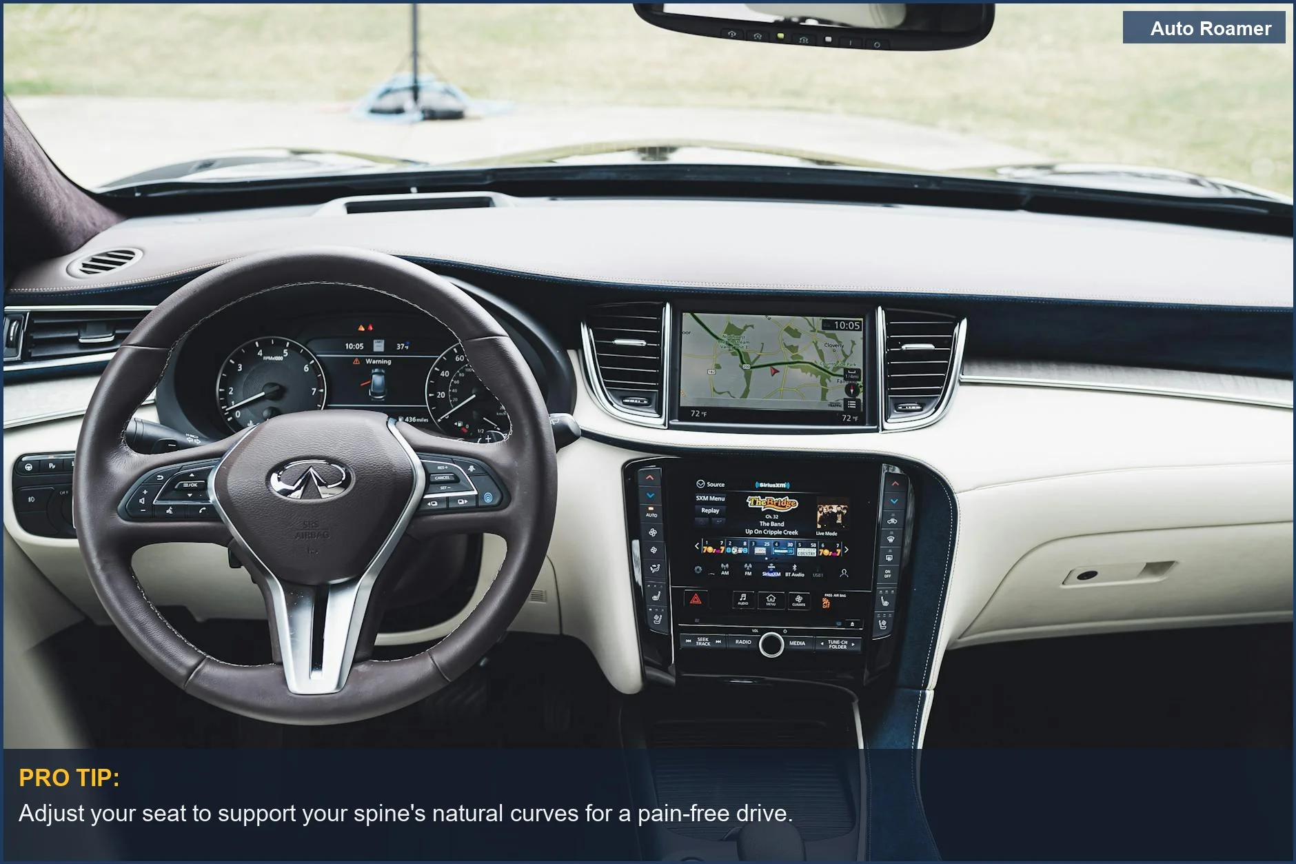 Luxury Infiniti car interior with advanced dashboard, emphasizing optimal driving posture for back pain relief.