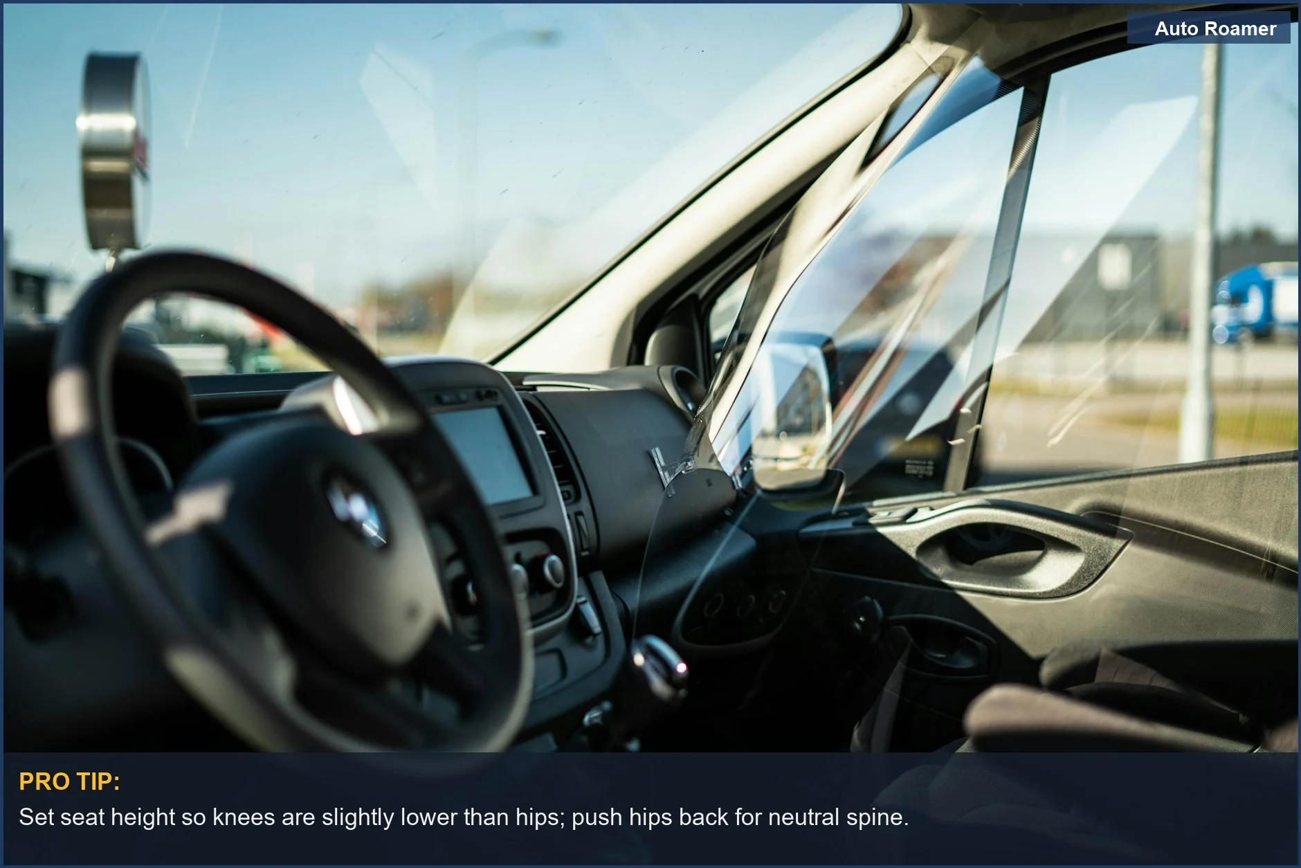 Modern car interior with sunlight reflections, highlighting ergonomic seat height for better driving posture.