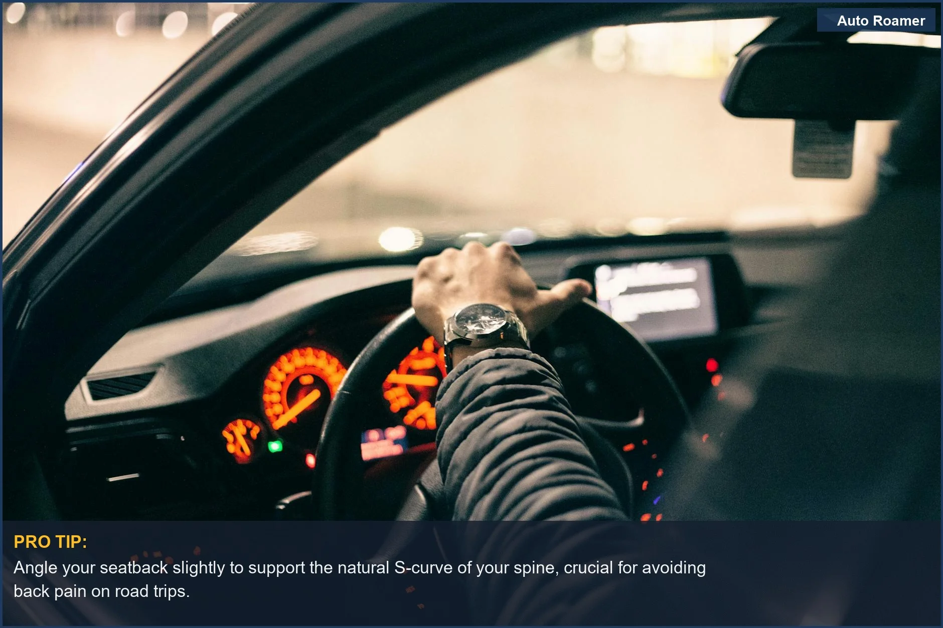 Driver gripping steering wheel in puffer jacket, highlighting illuminated dashboard for long road trips and maintaining spinal health.