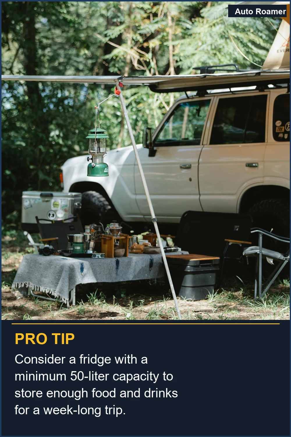 Consider a fridge with a minimum 50-liter capacity to store enough food and drinks for a week-long trip.