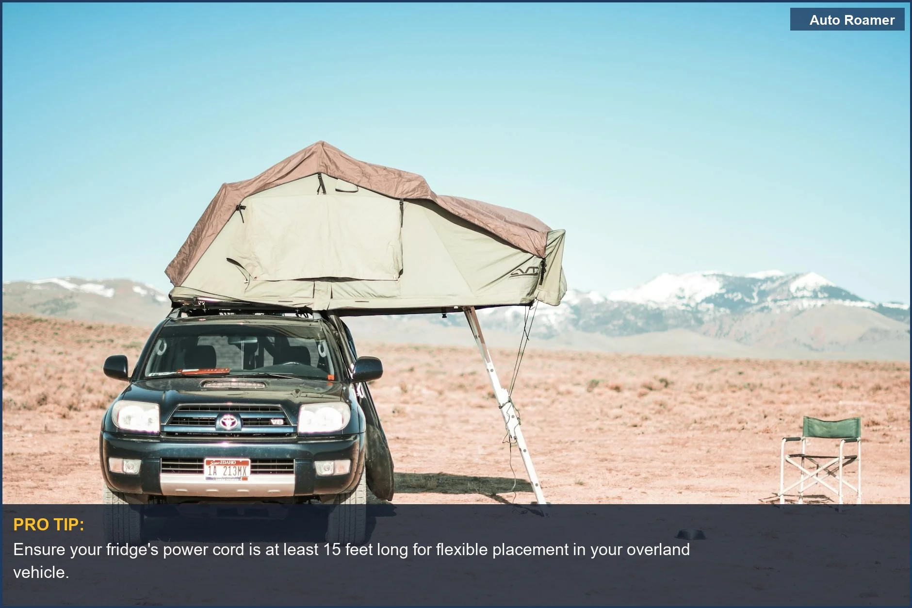 Overlanding SUV with rooftop tent in Oreana Desert, showcasing a rugged setup for a portable dual zone fridge.