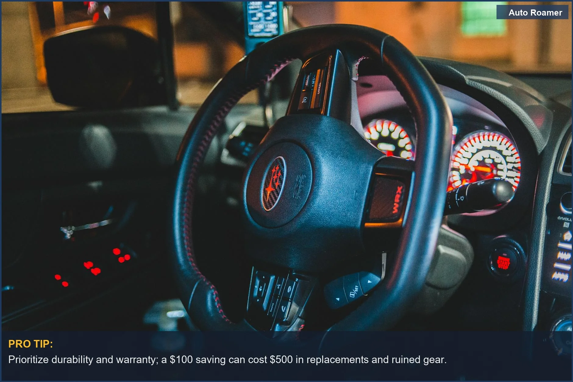 Illuminated dashboard and steering wheel of a car at night, emphasizing smart power station investments for road trips.