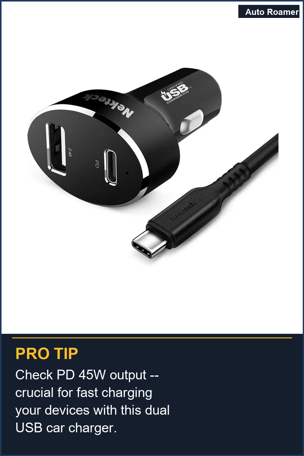 Check PD 45W output -- crucial for fast charging your devices with this dual USB car charger.