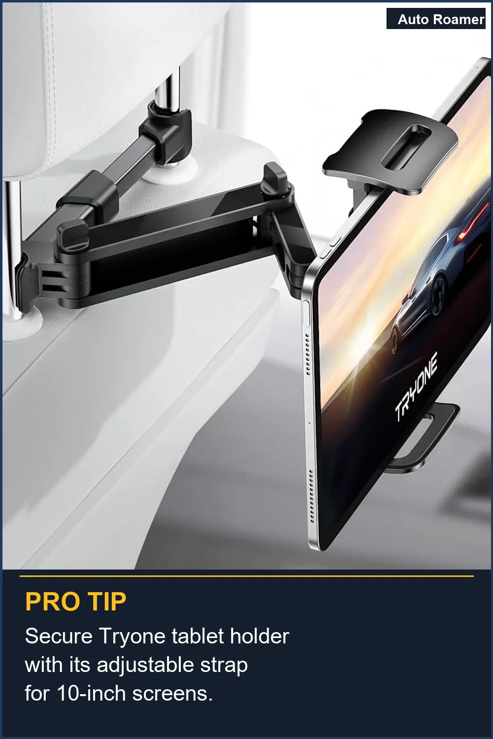 Secure Tryone tablet holder with its adjustable strap for 10-inch screens.