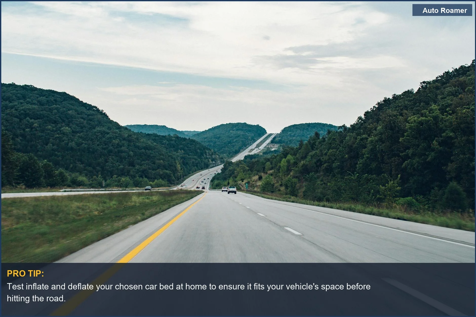 Scenic highway through green hills, perfect for road trips and finding the best inflatable car bed.