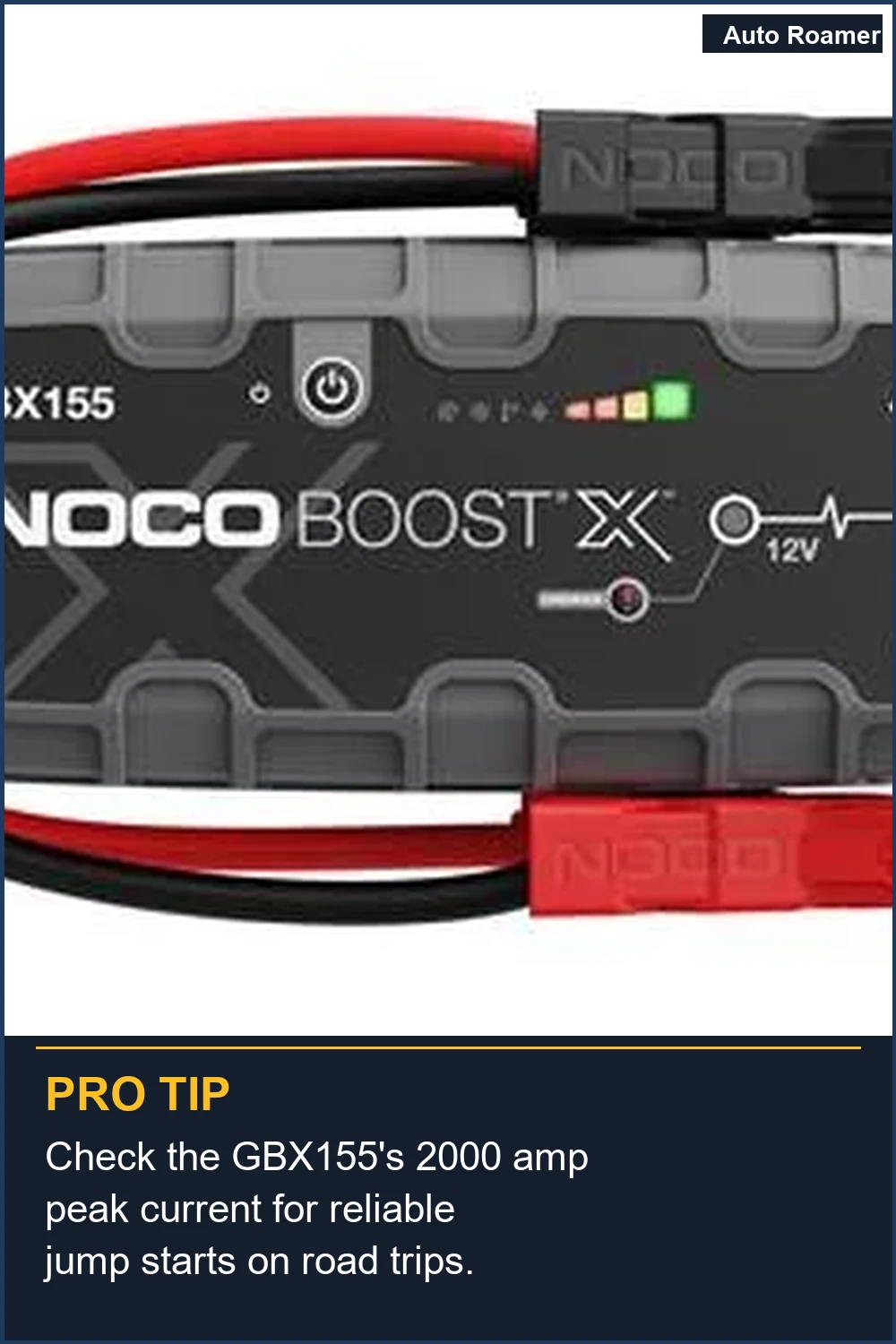 Check the GBX155's 2000 amp peak current for reliable jump starts on road trips.