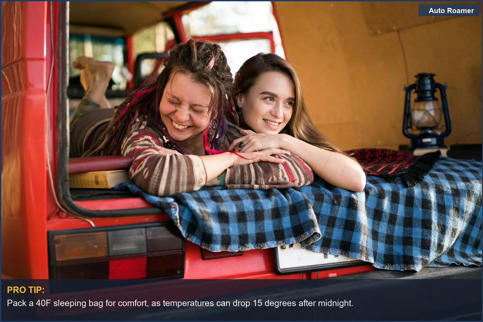 Friends enjoying car camping adventure in a cozy camper van.